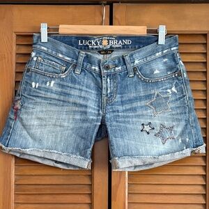 Lucky Brand Ultra Low Rise Distressed Denim Shorts with Star Embroidery